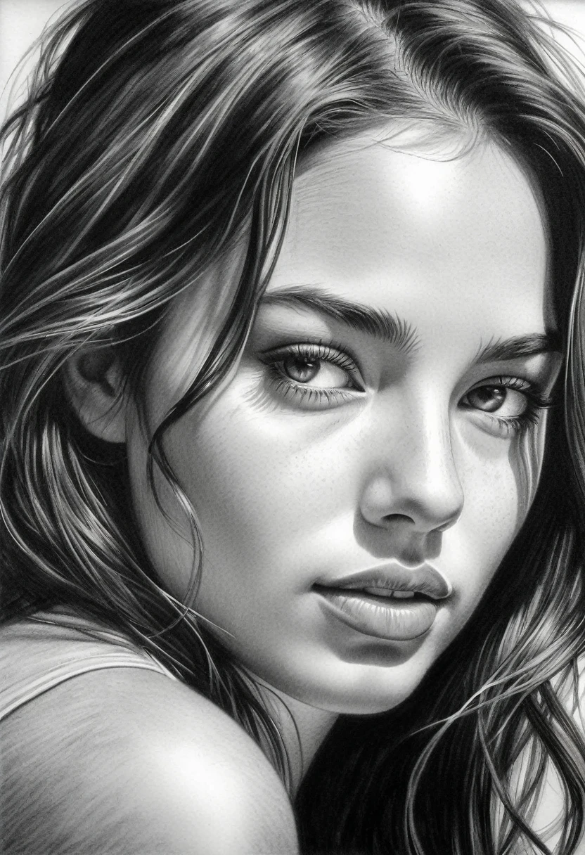 A stunning, black and white DRAWING session of a beautiful woman with delicate, Pencil DRAWING features and a smooth touch, dreaming expression. highy detailed, with complex shading and a variety of tones, graffit, coal, timeless composition that emphasizes the woman's natural beauty and the artist's skill, expressive lines.