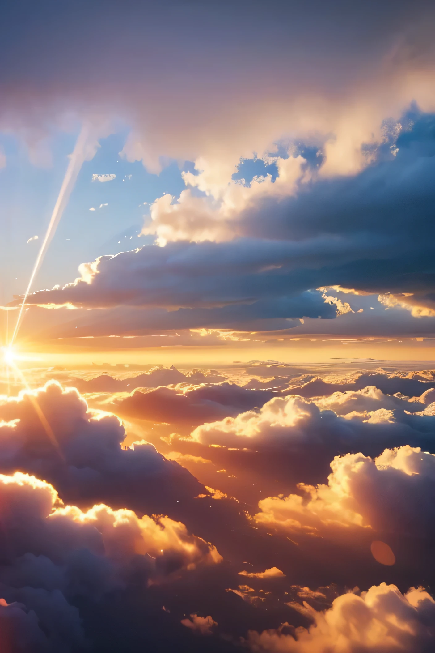 Digital Art,A sea of clouds spreading out before your eyes,sun,makoto shinkai,Lens flare