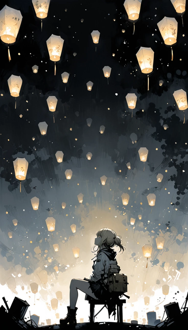 (Ashley Wood (Ashley Wood) style of:1.1), 
1 Girl,Spread your knees apart，Bring your feet together,?,large areas of white space,sit,At the bottom of the screen,(look up:1.5),from the side,comics,，Wishing paper lanterns in the sky