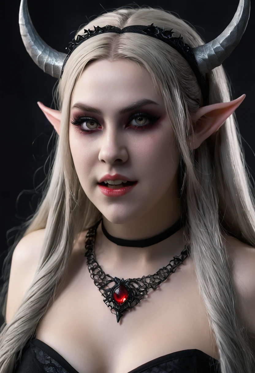 Rosto detalhado, grandes olhos, sharp teeth, hair over eyes, hairband, demon horns, demon wings, long hair, pointy ears, elf,, very chubby, 8k, hd, hdr, grey/gray skin, long blonde hair, demon horns, makeup