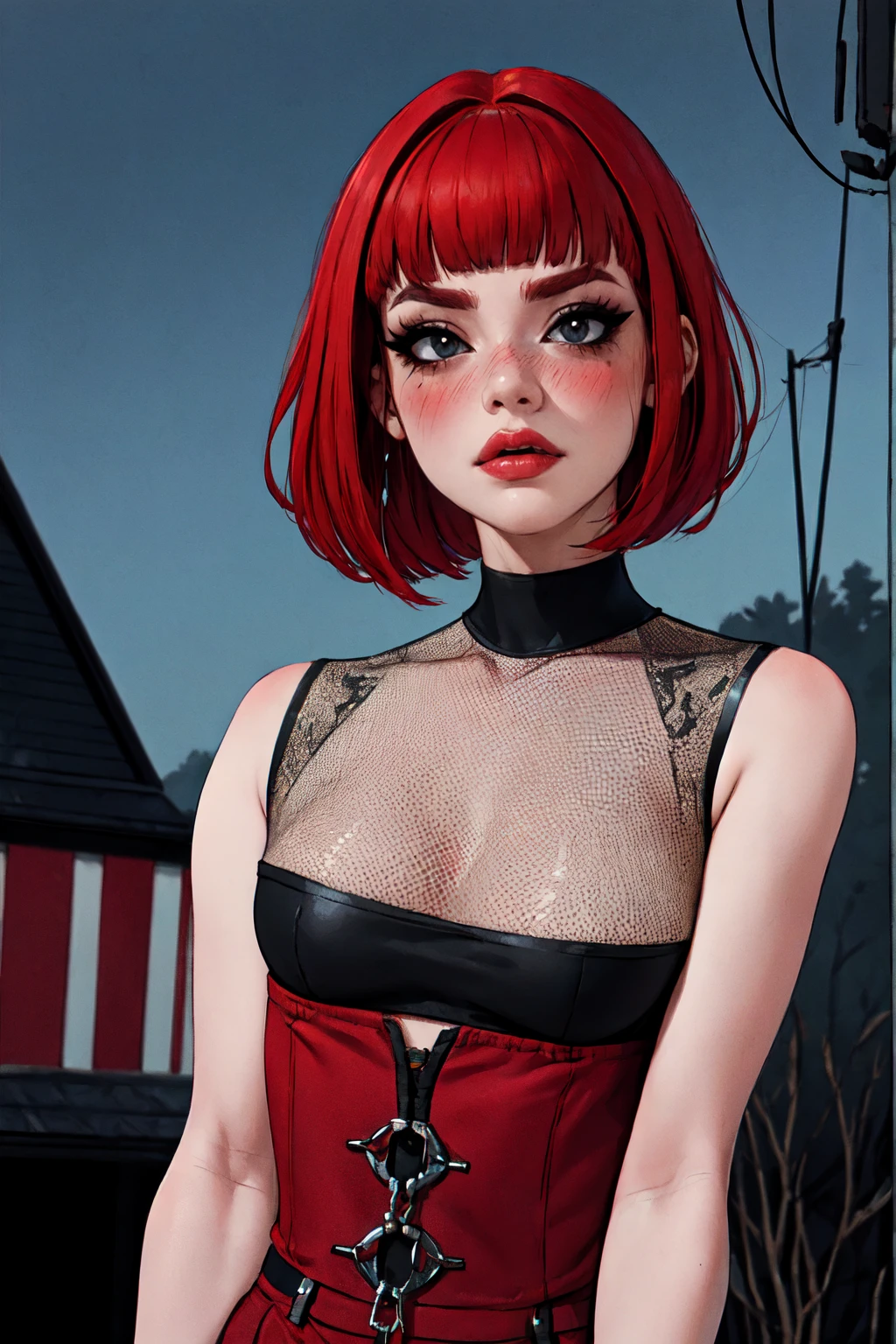 1woman, 35 years old, solo, skinny, red hair, black eyes, eyeliner, looking at viewer, lips, red bob cut, blunt bangs, blush, standing, upper body, face focus, outdoors, horror \(theme\), night, large breats, 