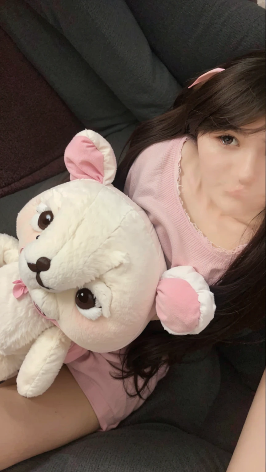 araffe with a pink shirt and a white teddy bear, 1 8 yo, stuffed toy, holding a teddy bear, cute toy, teddy bear, laying teddy bear, plushie, Yoshitomo Nara, 2 2 years old, 2 5 yo, 2 3 years old, Beasts, sie boob