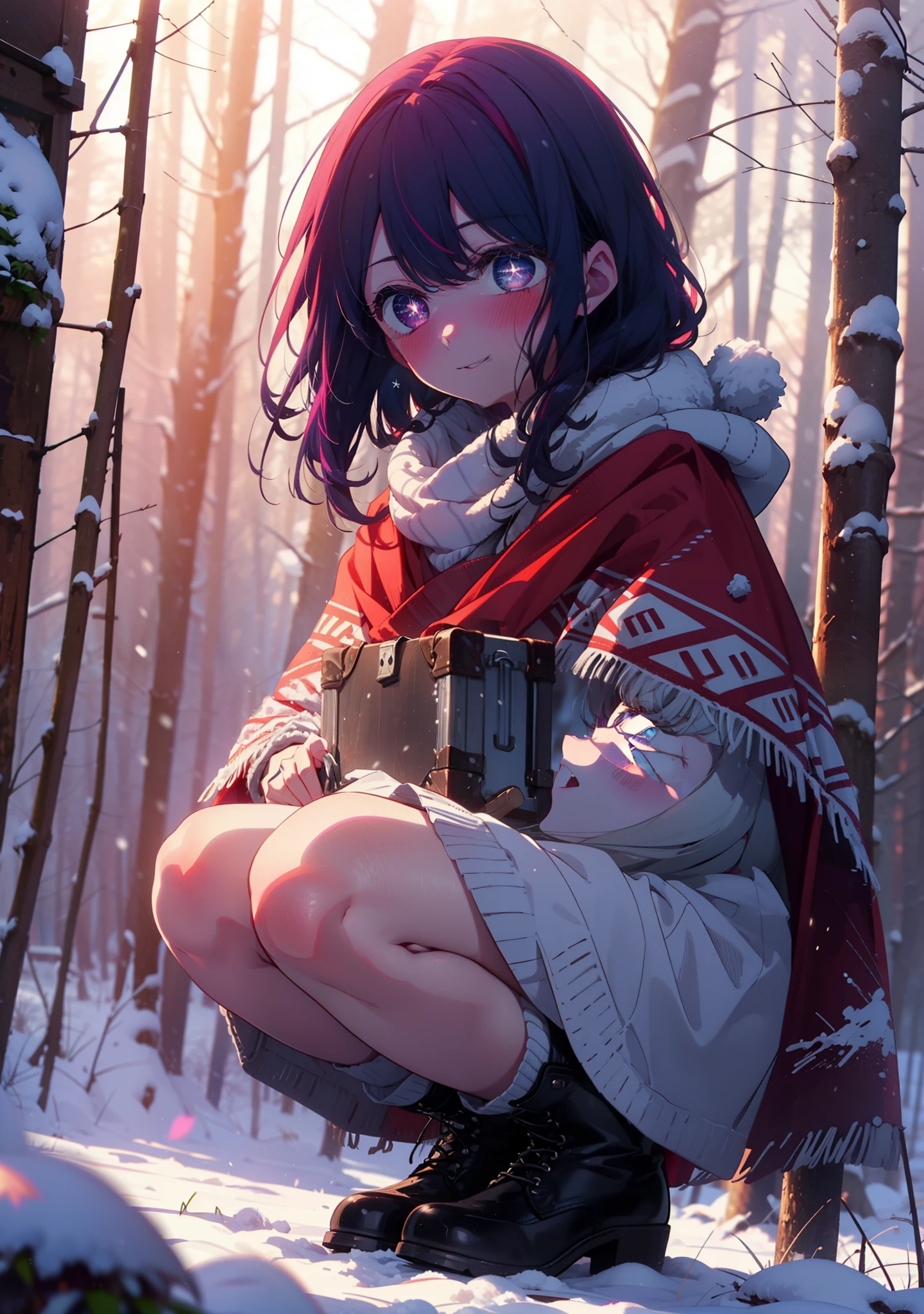 aihoshino, Ai Hoshino, Long Hair, bangs, (Purple eyes:1.1), Purple Hair, (Symbol-shaped pupil:1.5), smile,,smile,blush,white breath,
Open your mouth,snow,Ground bonfire, Outdoor, boots, snowing, From the side, wood, suitcase, Cape, Blurred, , forest, White handbag, nature, Squat, Mouth closed, Cape, winter, Written boundary depth, Black shoes, red Cape break looking at viewer, Upper Body, whole body, break Outdoor, forest, nature, break (masterpiece:1.2), Highest quality, High resolution, unity 8k wallpaper, (shape:0.8), (Beautiful and beautiful eyes:1.6), Highly detailed face, Perfect lighting, Extremely detailed CG, (Perfect hands, Perfect Anatomy),