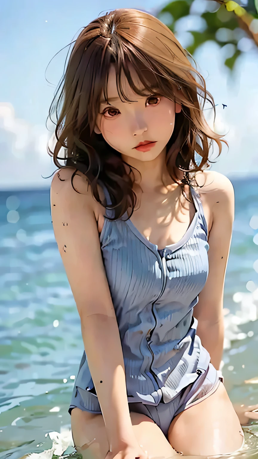 highest quality、Realistic、female、zoom、Gray Eyes、Short wavy chestnut hair、One piece swimsuit、slender、Sunburned skin、Dark Skin、Small breasts、Ocean、Bust Shot、