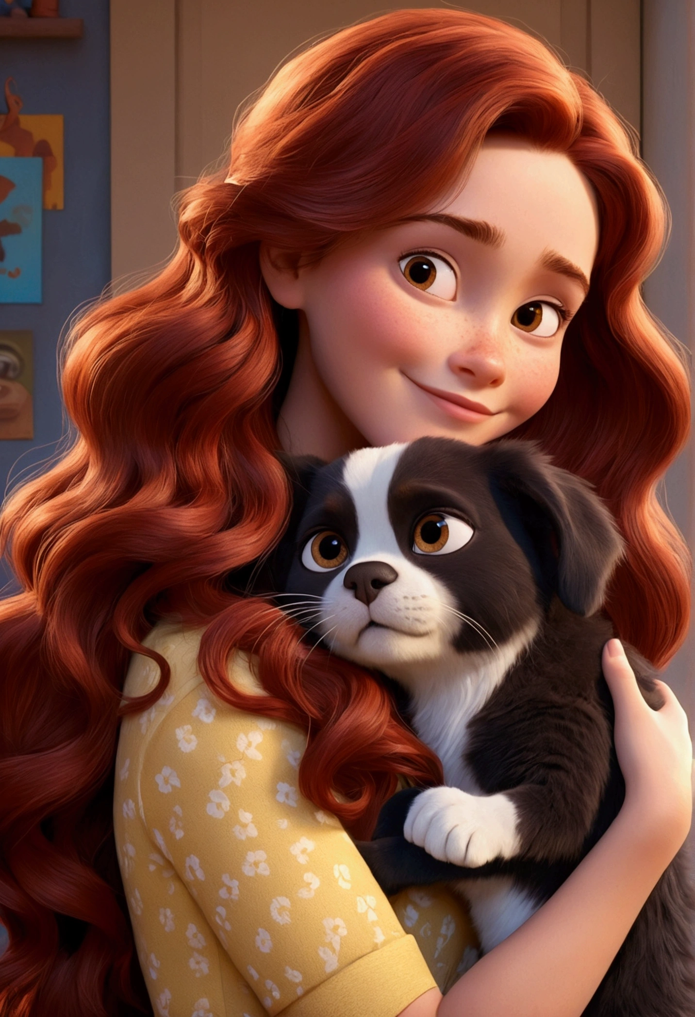 Pixar-style:brunette woman, long dark wavy red hair, Dark Brown Eyes Hugging Catsce Dogs.