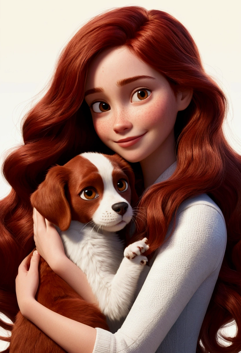 Pixar-style:brunette woman, long dark wavy red hair, Dark Brown Eyes Hugging Catsce Dogs.