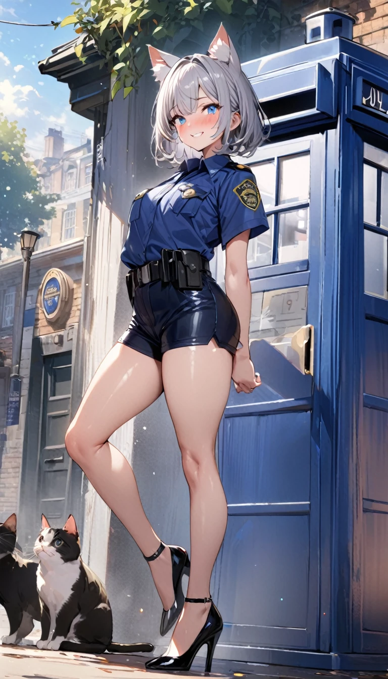 1girl、(((best quality)), ((masterpiece)), (details), masterpiece, best quality, high quality, ulutra detailed, perfect face, ((1girl, Blue eyes, cat ears: 1.3 silver bob hair: 2.5,)) 、Shiny Hair、Glowing Skin、blush、Lustful look、whole body、Police Officer Costume、Police officer shorts、Shoulder Holster、Black stiletto heels、Embarrassed smile、Touring with cats、police box、Police Station Background、whole body