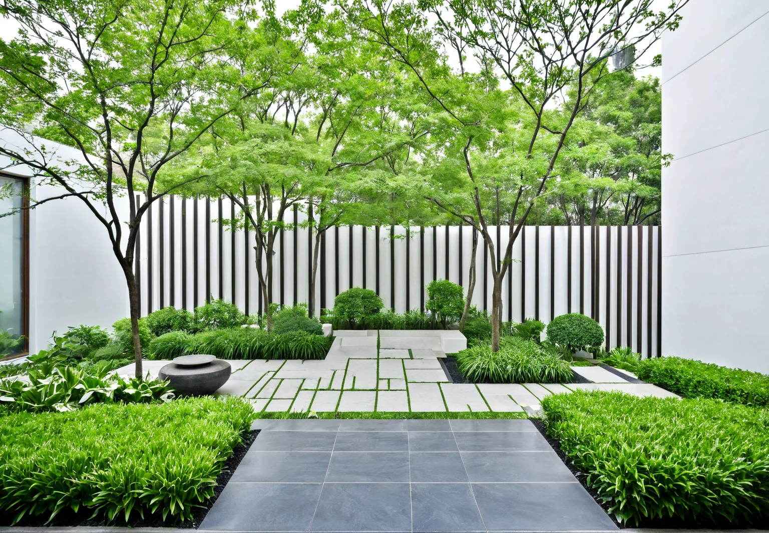 huayuanV3,This photo shows a garden with stone steps. The garden is planted with a variety of plants,including tall trees,low flower beds and some spherical pruned plants. dark concrete sidewalk, grass land, glass window, vertical wooden slats, The white wall is decorated with dark wood,and there is a street lamp next to it. Some buildings and trees can be seen in the distance. The whole scene gives people a sense of tranquility and harmony, Specifically,the top of the picture is a white sky and some lush green trees,the top left is a white and blue tall building