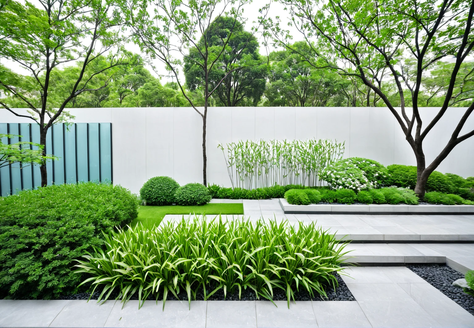 huayuanV3,This photo shows a garden with stone steps. The garden is planted with a variety of plants,including tall trees,low flower beds and some spherical pruned plants. dark concrete sidewalk, grass land, glass window, vertical wooden slats, The white wall is decorated with dark wood,and there is a street lamp next to it. Some buildings and trees can be seen in the distance. The whole scene gives people a sense of tranquility and harmony, Specifically,the top of the picture is a white sky and some lush green trees,the top left is a white and blue tall building