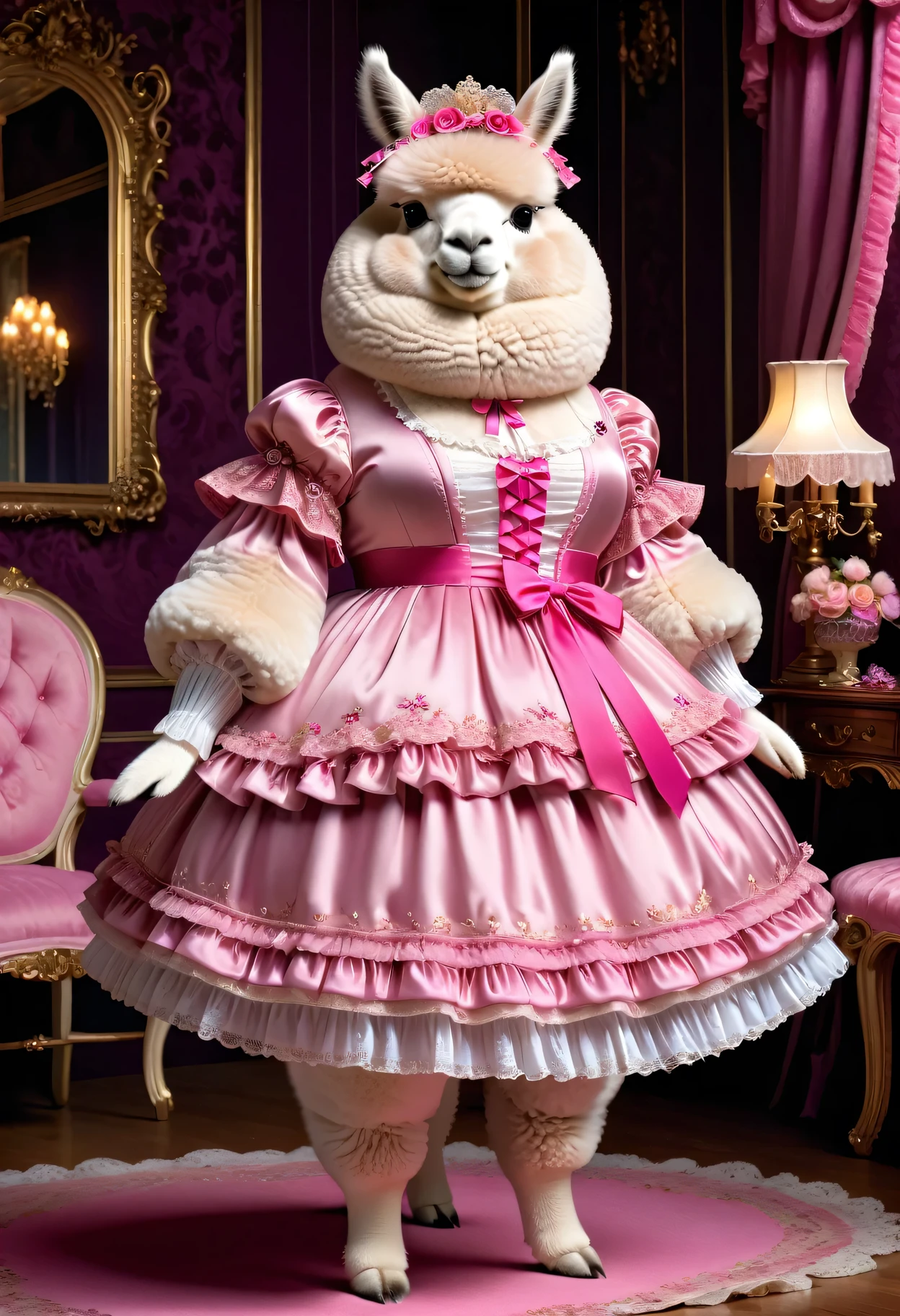  photorealistic portrait of Dressed animals-a ((fat)) ((alpaca)) princess,(furry), (elegant pose:1.5), (hands on hips:1.5),(smile:1.5),high quality,(),(lovely) ,intricate details, Wearing Gothic & Lolita pink dress , ( brim on head), highly detailed ((dress with  frills and ribbon)) ,highly detailed accessories, high sox , (happy), soft lighting,(full body image:2.0),in  Rococo style room background,,score_9, score_8_up, score_7_up, score_6_up, score_5_up, score_4_up,