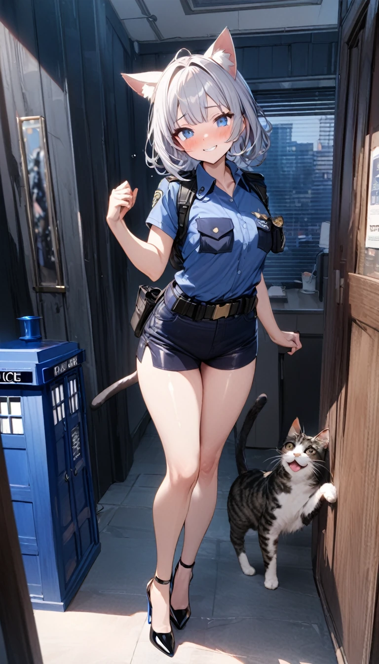 1girl、(((best quality)), ((masterpiece)), (details), masterpiece, best quality, high quality, ulutra detailed, perfect face, ((1girl, Blue eyes, cat ears: 1.3 silver bob hair: 2.5,)) 、Shiny Hair、Glowing Skin、blush、Lustful look、whole body、Police Officer Costume、Police officer shorts、Shoulder Holster、Black stiletto heels、Embarrassed smile、Touring with cats、police box、Police Station Background、whole body