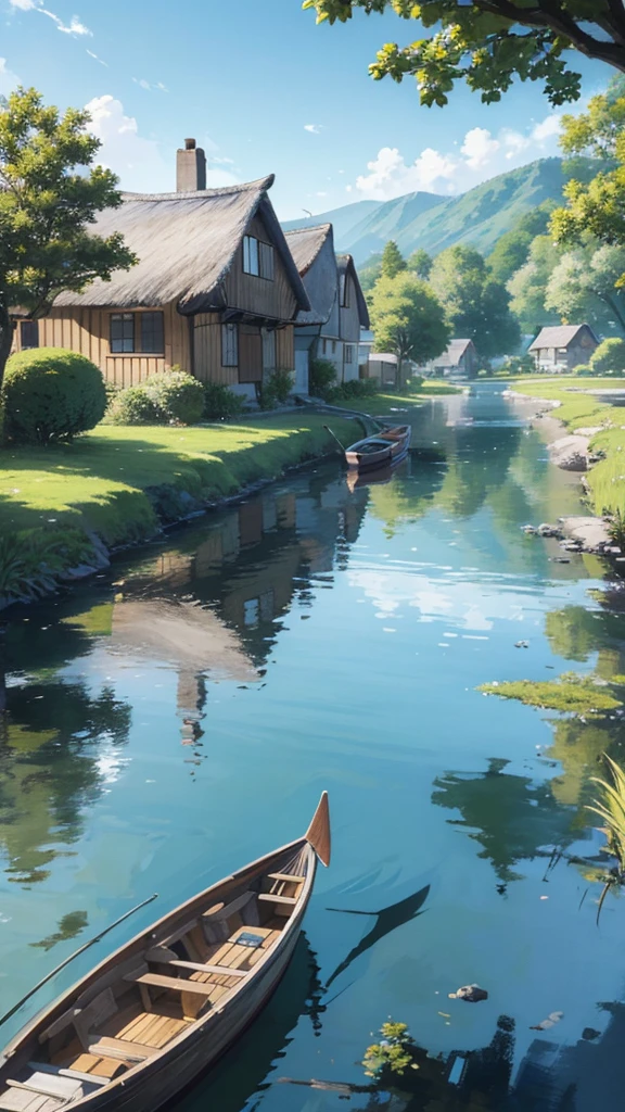 a painting of a house with a thatched roof and a boat in the water, idyllic cottage, anime countryside landscape, very beautiful scenery, detailed painting 4 k, scenery wallpaper, peaceful landscape, cottagecore!!, detailed scenery —width 672, scenery art detailed, beautiful anime scenery, cottage town, scenery artwork, anime scenery