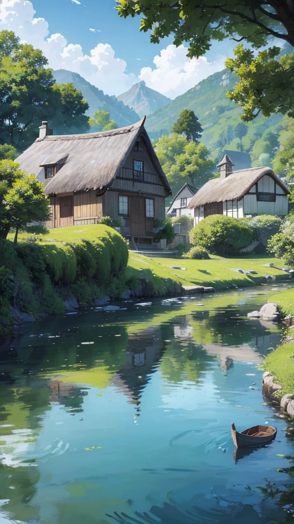 a painting of a house with a thatched roof and a boat in the water, idyllic cottage, anime countryside landscape, very beautiful scenery, detailed painting 4 k, scenery wallpaper, peaceful landscape, cottagecore!!, detailed scenery —width 672, scenery art detailed, beautiful anime scenery, cottage town, scenery artwork, anime scenery