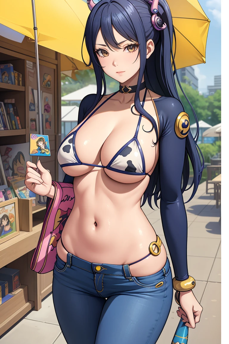 (masterpiece, Highest quality),Browsing Caution,Cartoon photo of a woman in a bikini top and jeans, Anime drawings inspired by Masamune Shirow, Pixiv, Self-sastructing art, Enchanting anime girl, Nami One Piece, Biomechanical , Nami from One Piece, Pixiv 3dcg, , I also make fan art, top rated on Pixiv,{{{{{cow print ultra micro bikini top:1.9}}}}},{{{{{ultra law rise jeans:1.8}}}}},