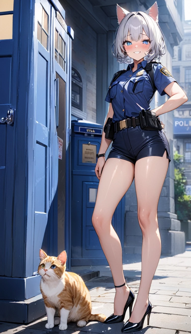 1girl、(((best quality)), ((masterpiece)), (details), masterpiece, best quality, high quality, ulutra detailed, perfect face, ((1girl, Blue eyes, cat ears: 1.3 silver bob hair: 2.5,)) 、Shiny Hair、Glowing Skin、blush、Lustful look、whole body、Police Officer Costume、Police officer shorts、Shoulder Holster、Black stiletto heels、Embarrassed smile、Touring with cats、police box、Police Station Background、whole body