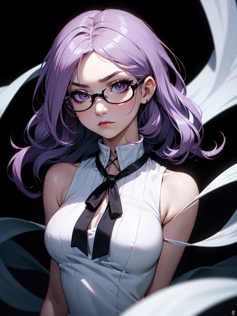 (((Portrait Photo))), She has a Fierce and Elegant Appearance of a 16-Year-Old, with a  and Delicate Build that Radiates Grace. Her Short, Wavy Lavender Hair Frames Her Face with a Soft and Enchanting Glow, Enhancing Her Youthful and Sinister Aura. Her Large, Vivid Dark Eyes are Filled with a Sense of Hatred and Strong Determination. She is Dressed in a Stylish Sleeveless White Top Adorned with a Black Ribbon Tied Around Her Neck, Accompanied by a Glasses. Her Expression is Calm and Composed, with a Hint of Hatred and Subtle Strength, Reflecting Her Serene yet Agressive Personality. (((High Quality, Dark Background))), (((Portrait Photo)))