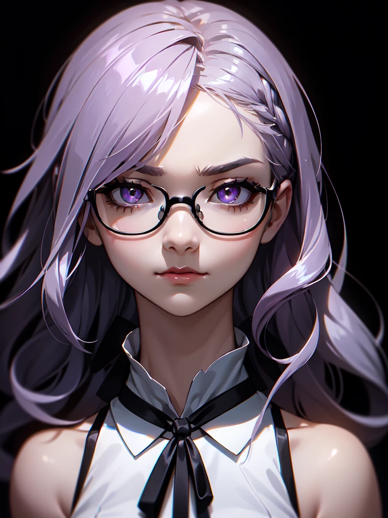 (((Portrait Photo))), She has a Fierce and Elegant Appearance of a 16-Year-Old, with a  and Delicate Build that Radiates Grace. Her Short, Wavy Lavender Hair Frames Her Face with a Soft and Enchanting Glow, Enhancing Her Youthful and Sinister Aura. Her Large, Vivid Dark Eyes are Filled with a Sense of Hatred and Strong Determination. She is Dressed in a Stylish Sleeveless White Top Adorned with a Black Ribbon Tied Around Her Neck, Accompanied by a Glasses. Her Expression is Calm and Composed, with a Hint of Hatred and Subtle Strength, Reflecting Her Serene yet Agressive Personality. (((High Quality, Dark Background))), (((Portrait Photo)))