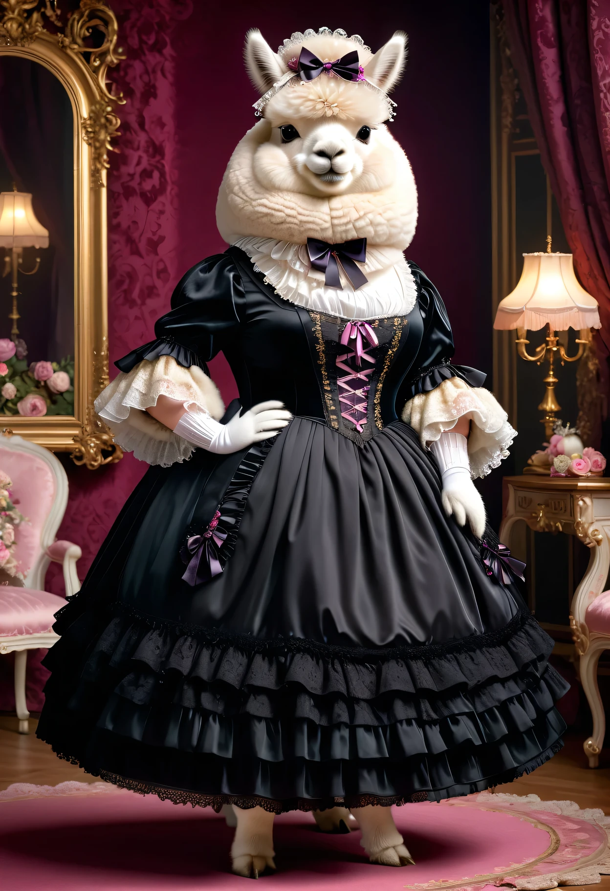 photorealistic portrait of Dressed animals-a ((fat)) ((alpaca)) princess,(furry), (elegant pose:1.5), (hands on hips:1.5),(smile:1.5),high quality,(),(lovely) ,intricate details, Wearing Gothic & Lolita dress , ( brim on head), highly detailed ((dress with frills and ribbon)) ,highly detailed accessories, high sox , (happy), soft lighting,(full body image:2.0),in Rococo style room background,,score_9, score_8_up, score_7_up, score_6_up, score_5_up, score_4_up,