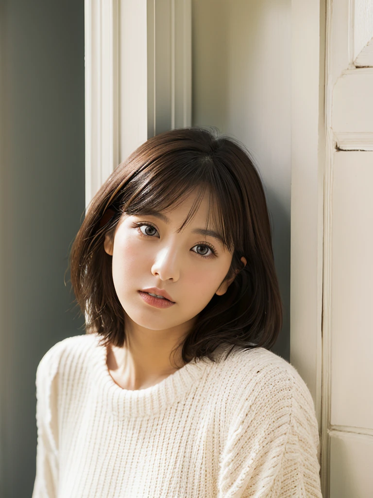 White wall、In front of a white door、(窓のあるWhite wallの部屋)、Photographed in natural light、Highly detailed face and skin texture、Highly detailed lips、The correct state of the human body、Ultra-high resolution、(Photorealistic:1.4)、Highest quality, One beautiful woman, 28 years old, s, 35mm lens、Orange long sleeve dress、(Dark brown medium short hair)、Black-haired、Short-haired Japanese woman、(Dark brown hair)、Various poses、Don'Don't look at the camera、profile、Natural color lip、Spring Clothes、 necklace