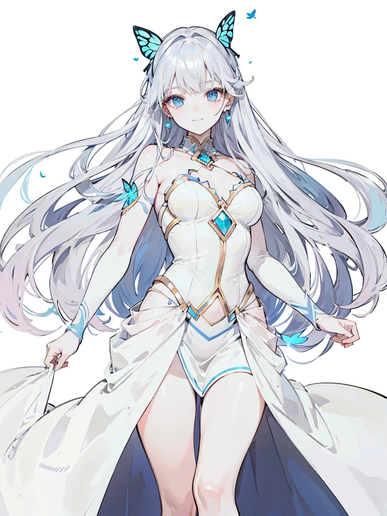 High resolution, masterpiece, accurate, Anatomically correct, Winner of numerous awards, Highest quality, High-resolution model, anime, anime風, 8k octane, 

One girl, solo, 
Super long hair, Silver Hair, Heavy bangs, pale skin, Ice Blue Eyes, Sharp, thin eyebrows,Smiling butterfly hair accessory, Crystal Earrings,White high heels,
Butterfly Princess, Character portrait, whole body