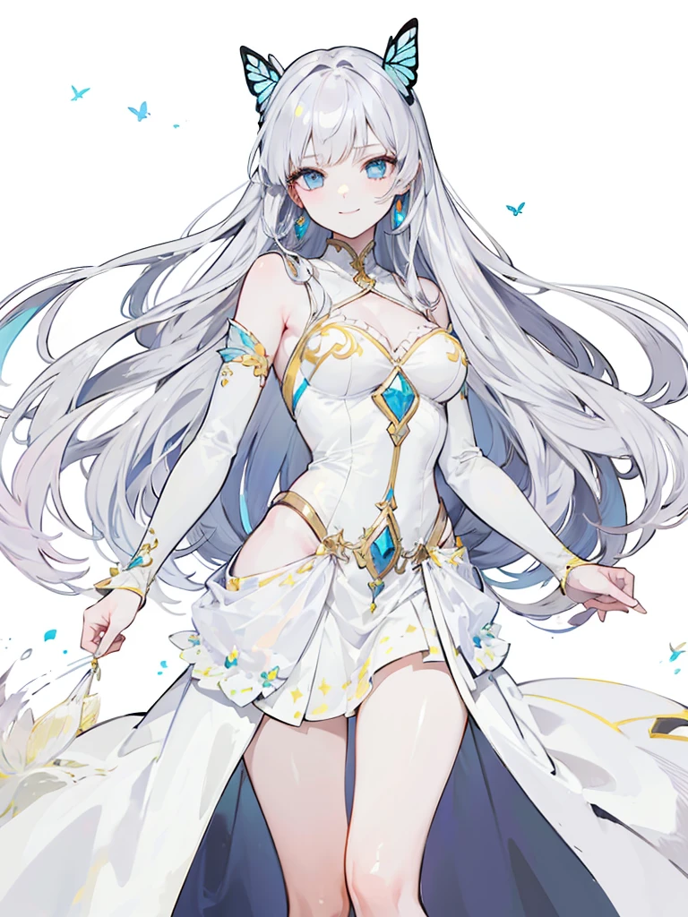 High resolution, masterpiece, accurate, Anatomically correct, Winner of numerous awards, Highest quality, High-resolution model, anime, anime風, 8k octane,
One girl, solo,
Super long hair, Silver Hair, Heavy bangs, pale skin, Ice Blue Eyes, Sharp, thin eyebrows,Smiling butterfly hair accessory, Crystal Earrings,White high heels,
Butterfly Princess, Character portrait, whole body