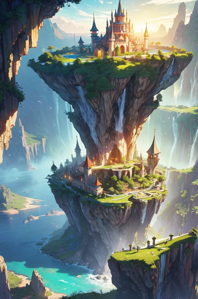 Draw a fantastic landscape of a floating kingdom. Huge islands levitate in the sky, Connected by shining crystal bridges. The islands are covered in lush vegetation and waterfalls that fall into the void. over the horizon, a majestic castle made of gold and precious stones shines in the light of a magical sunset. Dragons fly through the sky, adding a touch of mystery and wonder to the scene.