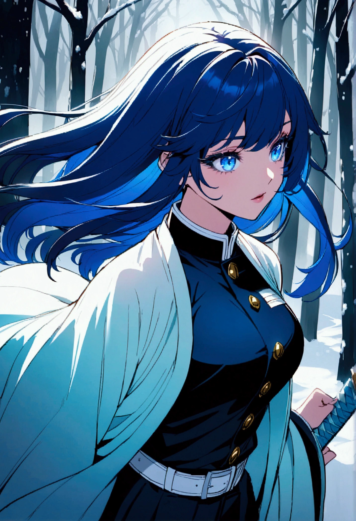 A detailed anime girl with long flowing blue hair, dark blue eyes, thick beautiful eyelashes, medium-sized breasts, wearing a demon slayer uniform with white buttons, a snow haori, and a katana in her belt, highres, fantasy, vibrant colors walking in a snowy forest with a cold look on her face