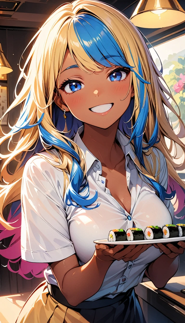 (highest quality:1.2, Very detailed, up to date, Vibrant, Ultra-high resolution, High Contrast, masterpiece:1.2, highest quality, Best aesthetics), Portraiture、girl、slim, Bright colors、Beautiful fine details、Beautiful lip detail、long hair, ((wavy hair:0.4))、messy hair, blonde and blue ((streaked hair:1.3)), highlights hair: 1.3, (medium breast:1), (tan skin:1.3), button-up shirt、eating nigiri Sushi, enjoy Sushi dinner at the table, in high class Sushi restaurant, ((happy:1.5)), cowboy shot,