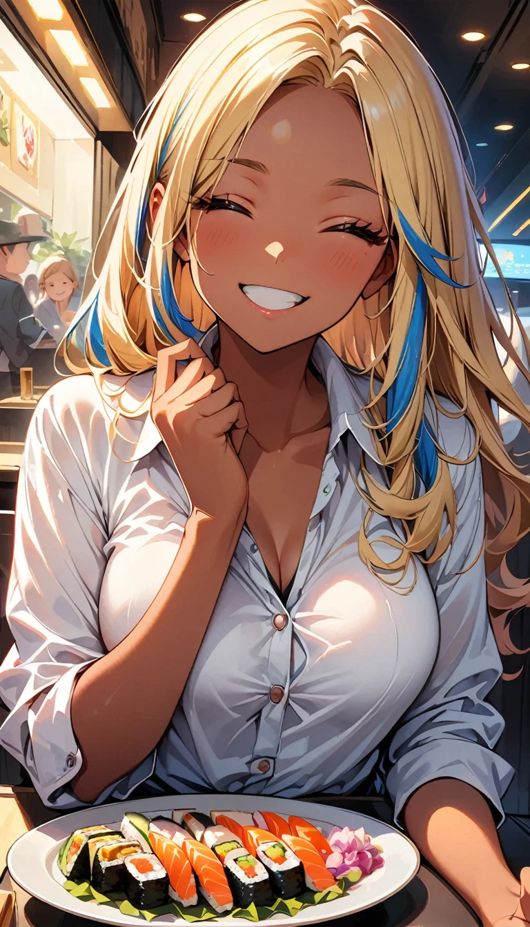 (highest quality:1.2, Very detailed, up to date, Vibrant, Ultra-high resolution, High Contrast, masterpiece:1.2, highest quality, Best aesthetics), Portraiture、girl、slim, Bright colors、Beautiful fine details、Beautiful lip detail、long hair, ((wavy hair:0.4))、messy hair, blonde and blue ((streaked hair:1.3)), highlights hair: 1.3, (medium breast:1), (tan skin:1.3), button-up shirt、eating nigiri Sushi, enjoy Sushi dinner at the table, in high class Sushi restaurant, ((happy:1.5)), cowboy shot,