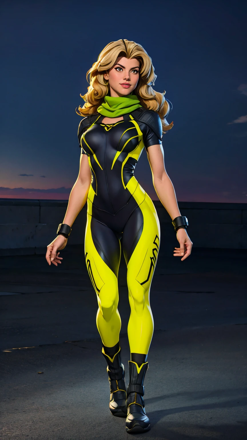 ((Full body shot, standing, feet on the ground)) Rogue, X-Men, (best quality, 4k, 8k, high resolution, cyclist body, masterpiece: 1.2), ultra-detailed, (realistic, photorealistic, photorealistic: 1.37), full body photo, yellow high boots, voluminous hair, beauty pose, standing, show feet, outside, city roof at night, green bandana