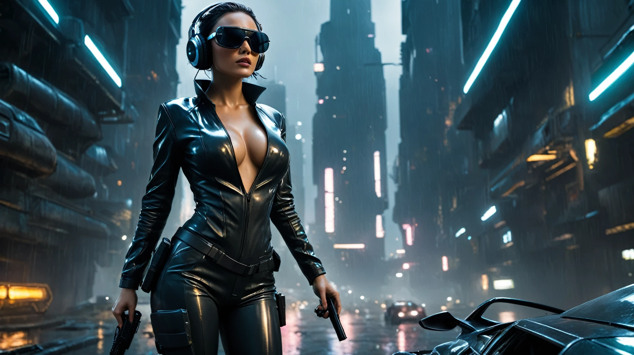 (aerial view, a flying car is speeding through a very dark abandoned futuristic city), rainy night. (((1girl, solo, alone))), large-breast:1.2 slim body, cleavage:1.1, sexy mechanic suit, (((headphone, black sunglasses, standing and holding pistol:1.8 dynamic pose))), (((((half-body thigh level medium shot))))), cinematic lighting, lens flare, ray tracing.