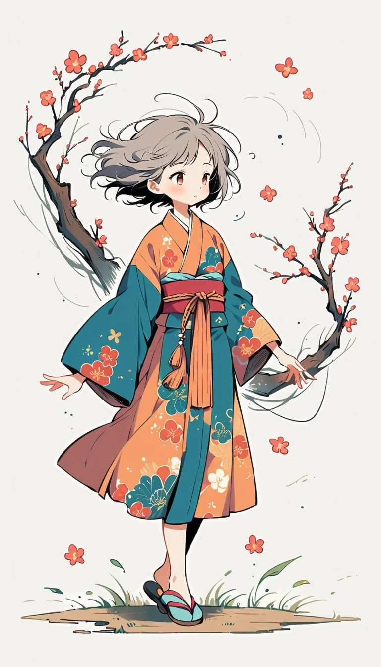 white background, Fujichoco style, kimono, (((the coolest man))),  gray hair, ((plum tree, Plum blossoms, wind)), simple background, Simple line initialism, full body, 