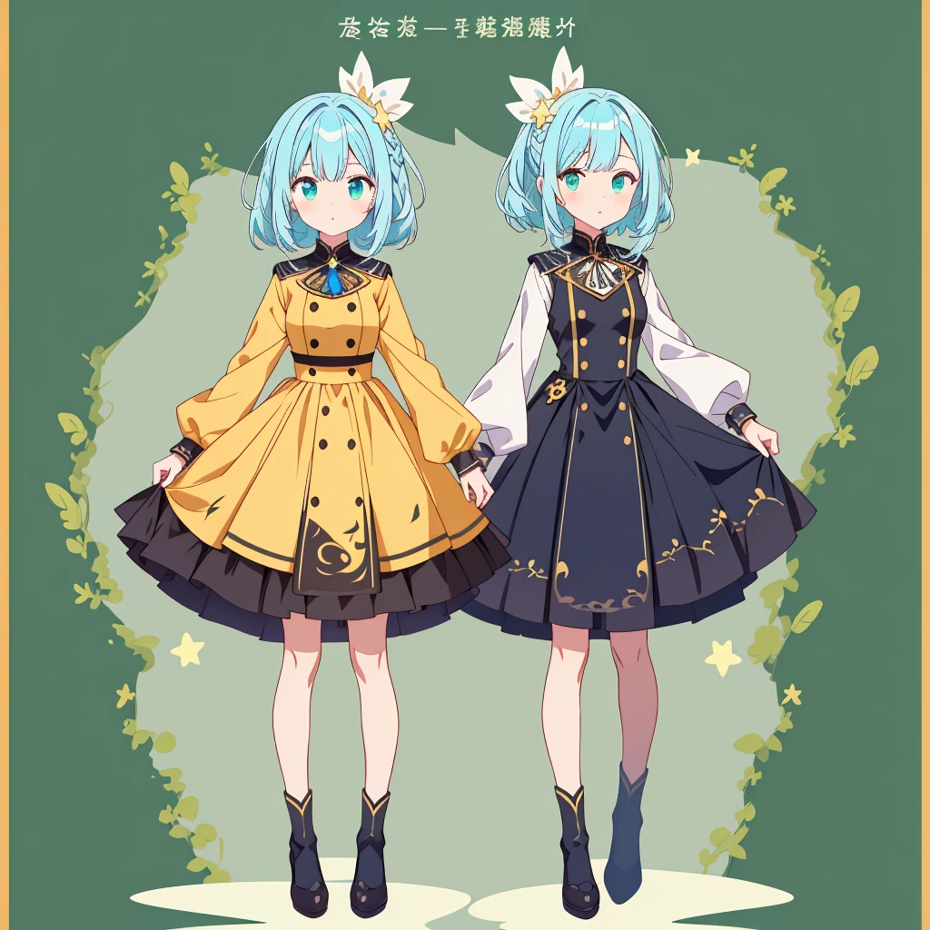 1girl、Star Fairy、Star incarnation、Character design front view、A picture facing the viewer、(((Super detailed、Highest quality、Masterpiece)))、Original cute hairstyle、Milky white and blue hair color、Anime Girls, All Black Uniform, Gold Button, Long skirt, Small breasts, stoic, thin, Calm, The gold lines on the skirt are complicated., Simple Green Background、vtuber-fullbody,