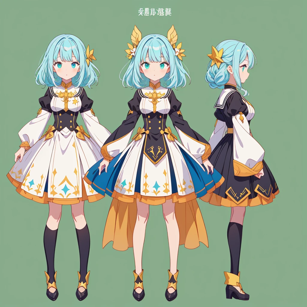 1girl、Star Fairy、Star incarnation、Character design front view、A picture facing the viewer、(((Super detailed、Highest quality、Masterpiece)))、Original cute hairstyle、Milky white and blue hair color、Anime Girls, All Black Uniform, Gold Button, Long skirt, Small breasts, stoic, thin, Calm, The gold lines on the skirt are complicated., Simple Green Background、vtuber-fullbody,