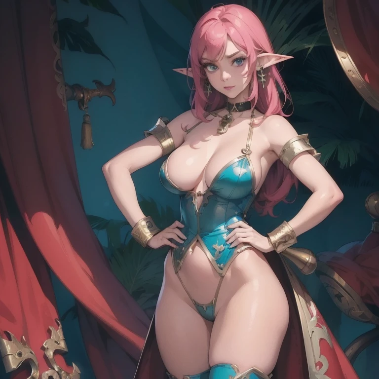 (work of art, plain background:1.2) full body female, Toe to head, 1soloMILF BIMBO pointy elf hears thong standing posing with hands on hips, leather collar choker bell neck cuffs bracelets bracelets sleeves and socks, strong bodie, abdomen, shining skin (work of art, best qualityer) 1girlsolo wearing battle sisters Warhammer 40K whsororitas
