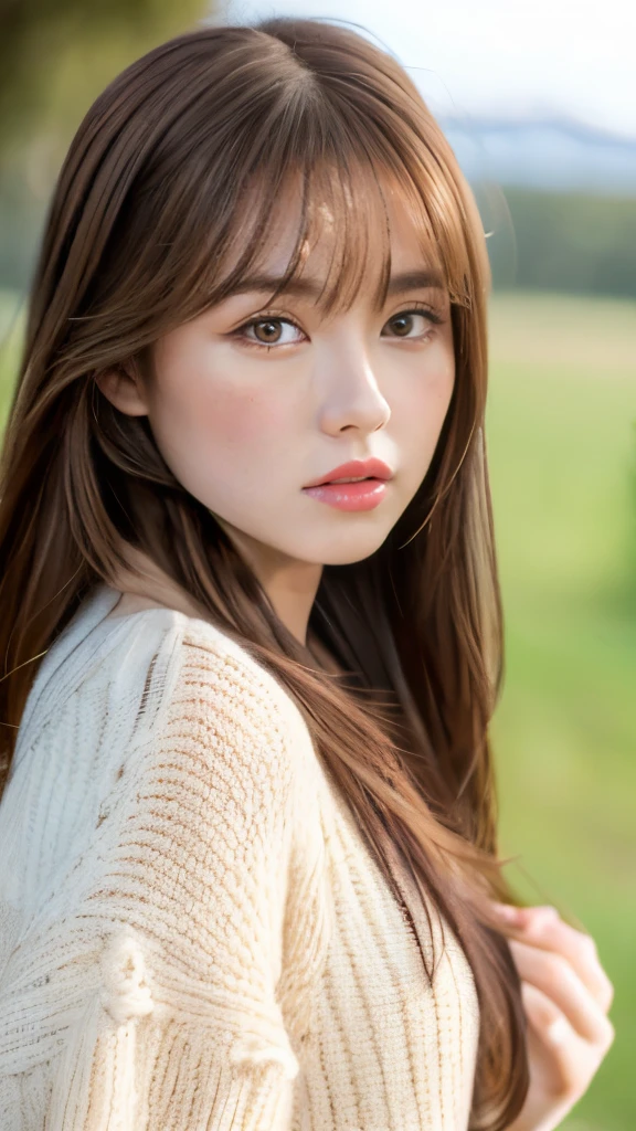 Best quality, 8k,  ,Masterpiece :1.3)), facing viewer,((full body1.2)) ,pretty woman, wide shot ,1girl, , selfie   , ,  Ranch, brown hair  , bangs,ultra-detailed face, highly detailed lips, detailed eyes, double eyelid