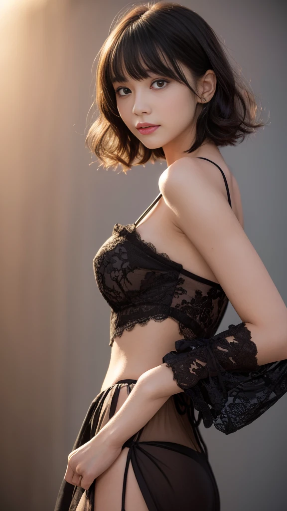(walking,from Side),(Highest quality, Very detailed, masterpiece:1.2), 1 female, Very thin body, length, Thin legs, ((Black wavy short hair:1.2)), ((Thick and fluffy bangs)), Very detailedな顔,A faint smile, small, Thin Nose, small thin mouth, Extremely sharply focused eyes, Japanese, Beautiful Face, Realistic eyes, Beautiful and beautiful eyes, Realistic Skin, Beautiful Skin, charm, (Lively Faces), (flowing summer dress camisole evening), Creepy and unique hairstyles, High resolution, Vibrant color palette, , Tim Burton's signature dark shadows and strange details, Shooting from below,background