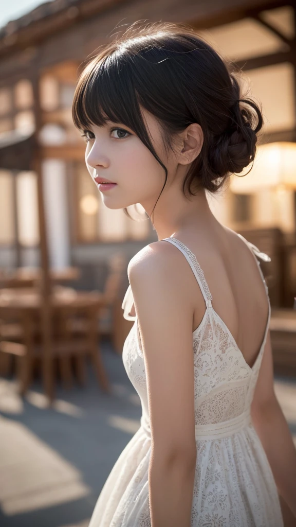 (walking,from Side),(Highest quality, Very detailed, masterpiece:1.2), 1 female, Very thin body, length, Thin legs, ((Black wavy short hair:1.2)), ((Thick and fluffy bangs)), Very detailedな顔,A faint smile, small, Thin Nose, small thin mouth, Extremely sharply focused eyes, Japanese, Beautiful Face, Realistic eyes, Beautiful and beautiful eyes, Realistic Skin, Beautiful Skin, charm, (Lively Faces), (flowing summer dress camisole evening), Creepy and unique hairstyles, High resolution, Vibrant color palette, , Tim Burton&#39;s signature dark shadows and strange details, Shooting from below,background