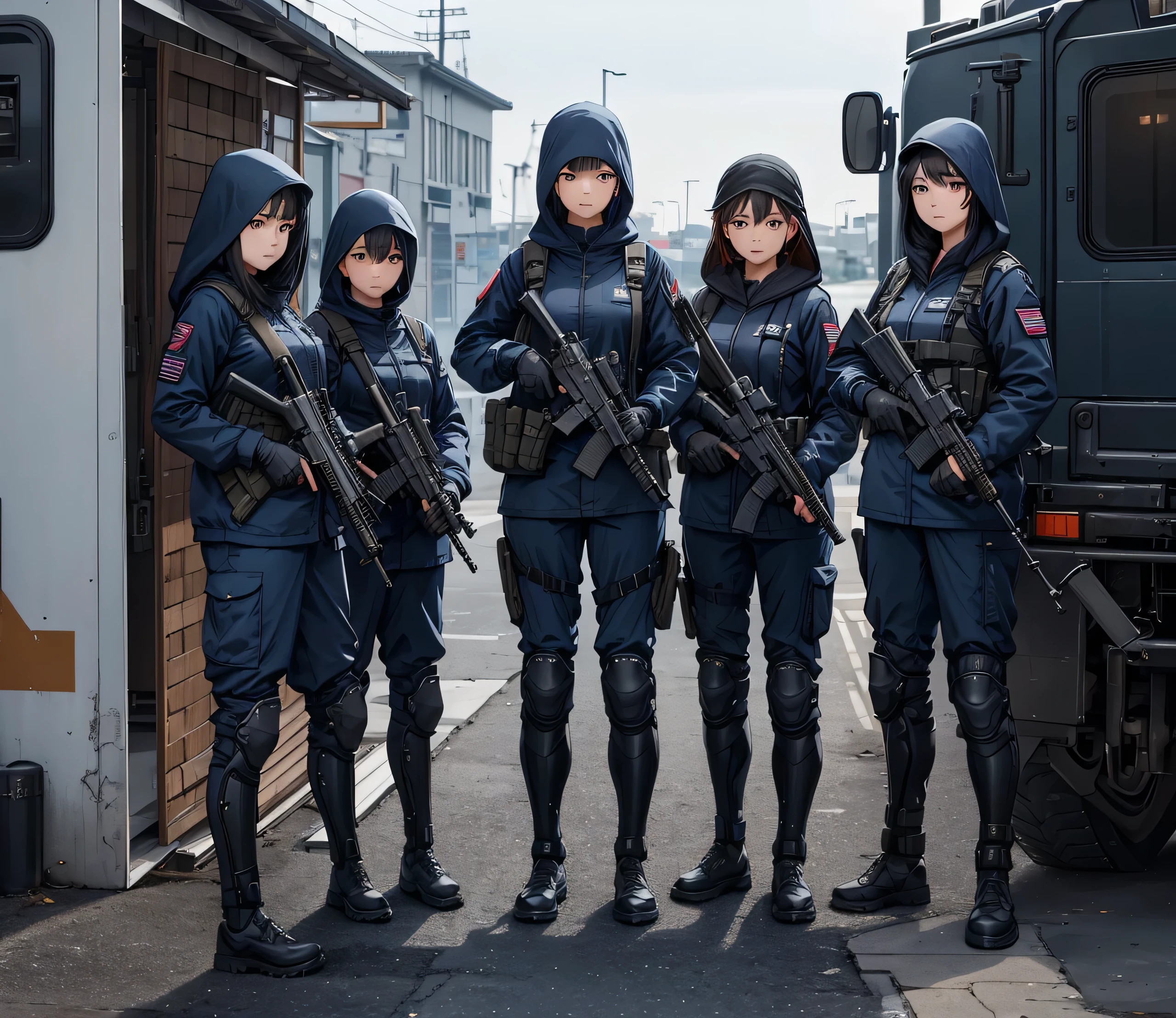 A group of female soldiers with guns standing guard at the station，All wear dark blue M-51 hooded military uniforms、Hooded on head、Magazine Pouch、Military Pants、Knee pads，Write details、masterpiece、best quality、Highly detailed CG、8K picture quality