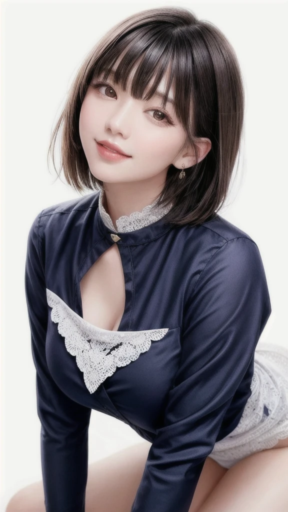  fashion trendy beautiful and attractive woman, gentle and attractive Chinese beautiful woman, Korean (kpop idol), delicate and sexy collarbone, attractive oval face, double eyelids, smart [peach] flower eyes, pink lips, small nose, bare shoulders, focus on face, [[face close-up], ultra high definition, super detail, White off-shoulder lace shirt, (((white lace panties), fresh and impressive, natural (large: 1.25), (kneel on the ground), (legs wide open), (legs spread), (from a low angle), (upright 1.5), (shiny skin: 1.4), (low angle)), perfect figure, areola, cleavage, armpit wrinkles), (NSFW: 1.05), ( Showpiece, top quality, high precision)), one girl, (big, photorealistic: 1.4), (slightly above the camera, looking up at the camera, looking up, looking up at the camera, staring at the camera))), solo, solo, white background, snow-white background, mouth closed, happy smile, pretty black hair, short hair, big eyes, pronounced double eyelids, eyelashes, ears out, long neck, long neck, Absolute area, ((close-up of face, short hair with bangs)), 19 years old, attractive proportions, shiny skin, clean collarbone, golden ratio face, perfect face, teardrop mole, chest mole, bangs, clean bangs, beautiful bangs, lip gloss, thin lips, white skin, undressed, big breasts, small face, staring at the camera a little upwards, ((smiling a little at the camera, really nothing pure white background, very big, big big, big breasts)), ((((uniform, shirt))))