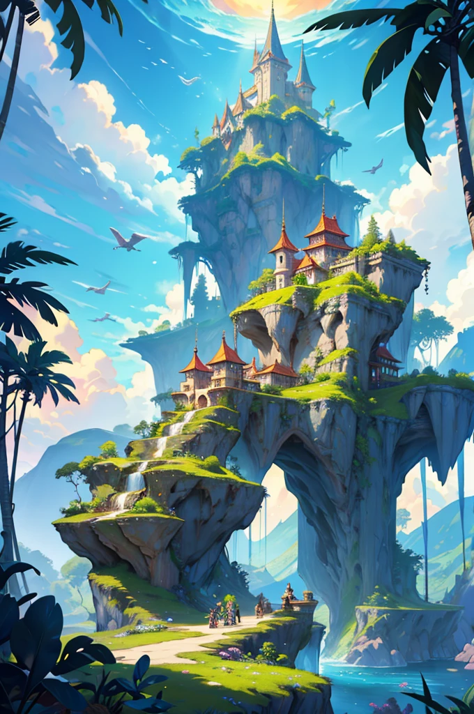 Draw a fantastic landscape of a floating kingdom. Huge islands levitate in the sky, Connected by shining crystal bridges. The islands are covered in lush vegetation and waterfalls that fall into the void. over the horizon, a majestic castle made of gold and precious stones shines in the light of a magical sunset. Dragons fly through the sky, adding a touch of mystery and wonder to the scene.