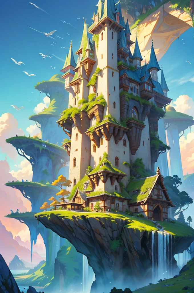 Draw a fantastic landscape of a floating kingdom. Huge islands levitate in the sky, Connected by shining crystal bridges. The islands are covered in lush vegetation and waterfalls that fall into the void. over the horizon, a majestic castle made of gold and precious stones shines in the light of a magical sunset. Dragons fly through the sky, adding a touch of mystery and wonder to the scene.