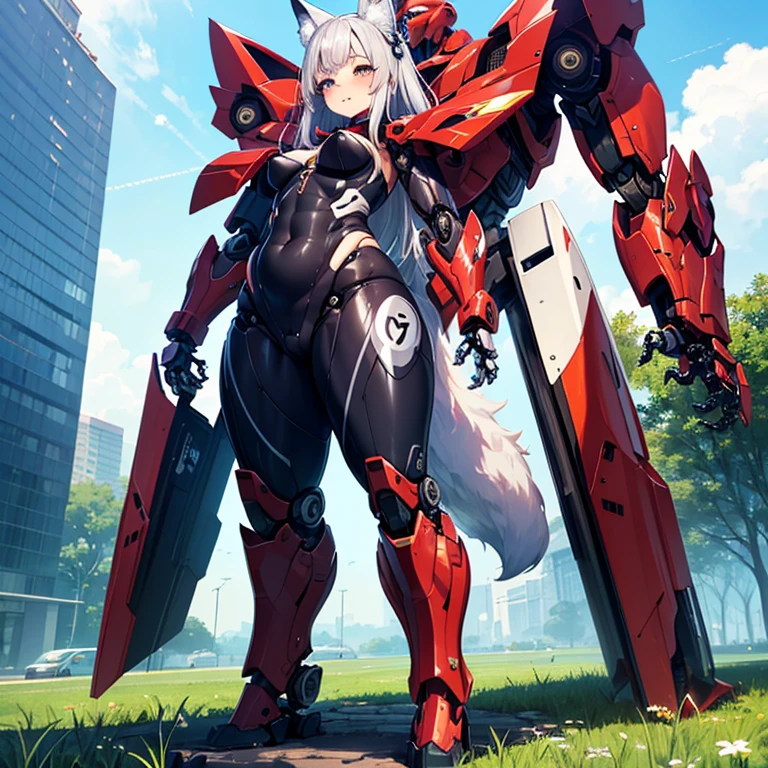 (Fox Girl, Fox Ears, Silver Hair, Fox Makeup, One Girl, Long Hair:1.6), (mecha musume, Machinery Parts,Robot Joints, Red clothes, Full body mecha suit:1.8), (Body measurements are 75-60-75!, Young girl body, Small breasts, Proudly, Standing posture, Plump, muscle:1.9), Avatar, face, lewd face, Dominant representation, naughty face, Uplifting, Skin Texture, outside, Grassy field