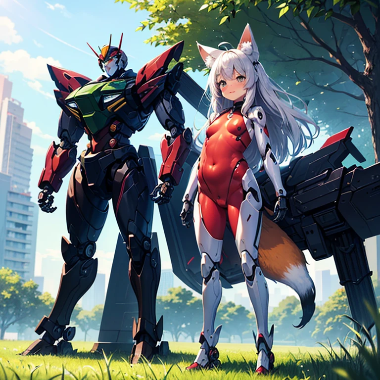 (Fox Girl, Fox Ears, Silver Hair, Fox Makeup, One Girl, Long Hair:1.6), (mecha musume, Machinery Parts,Robot Joints, Red clothes, Full body mecha suit:1.8), (Body measurements are 75-60-75!, Young girl body, Small breasts, Proudly, Standing posture, Plump, muscle:1.9), Avatar, face, lewd face, Dominant representation, naughty face, Uplifting, Skin Texture, outside, Grassy field