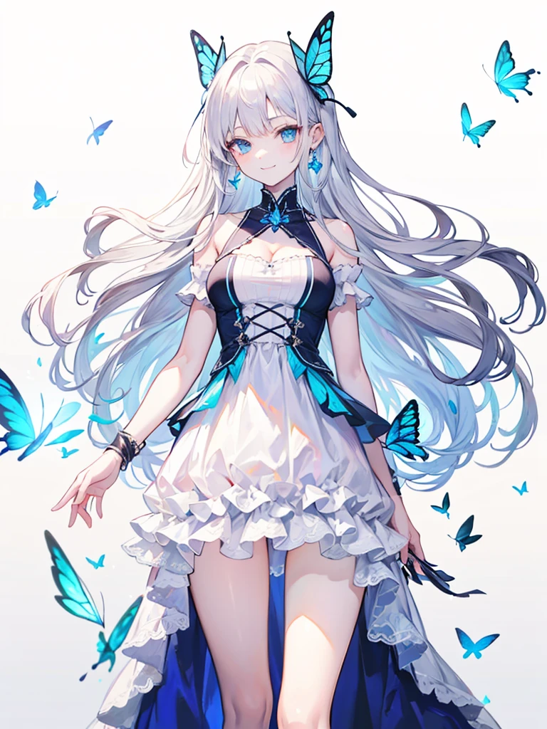 High resolution, masterpiece, accurate, Anatomically correct, Winner of numerous awards, Highest quality, High-resolution model, anime, anime風, 8k octane,
One girl, solo,
Super long hair, Silver Hair, Heavy bangs, pale skin, Ice Blue Eyes, Sharp, thin eyebrows,Smiling butterfly hair accessory, Crystal Earrings,White high heels,
Butterfly Princess, Character portrait, whole body