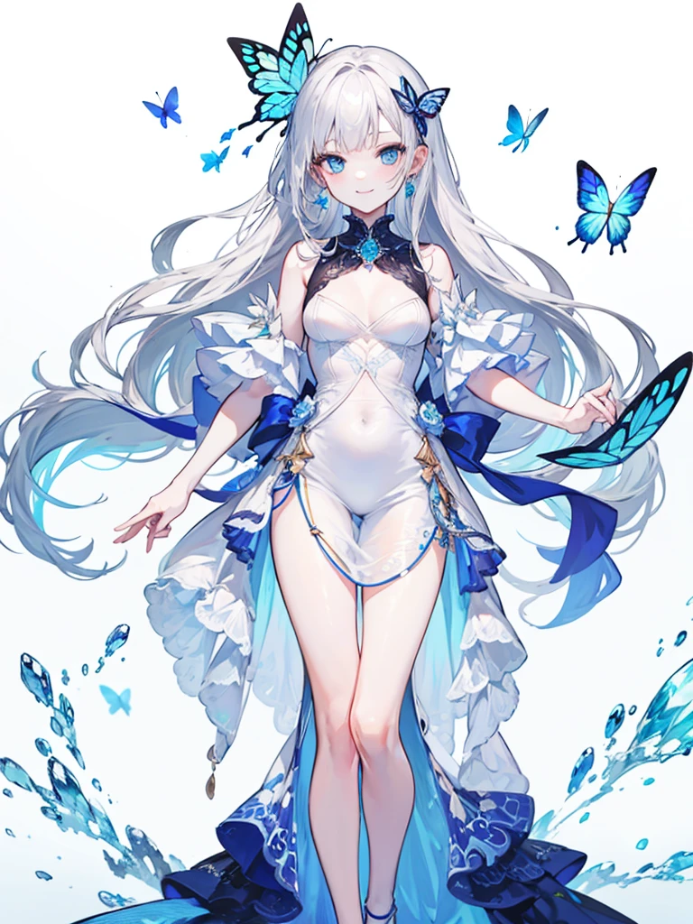 High resolution, masterpiece, accurate, Anatomically correct, Winner of numerous awards, Highest quality, High-resolution model, anime, anime風, 8k octane, 

One girl, solo, 
Super long hair, Silver Hair, Heavy bangs, pale skin, Ice Blue Eyes, Sharp, thin eyebrows,Smiling butterfly hair accessory, Crystal Earrings,White high heels,
Butterfly Princess, Character portrait, whole body