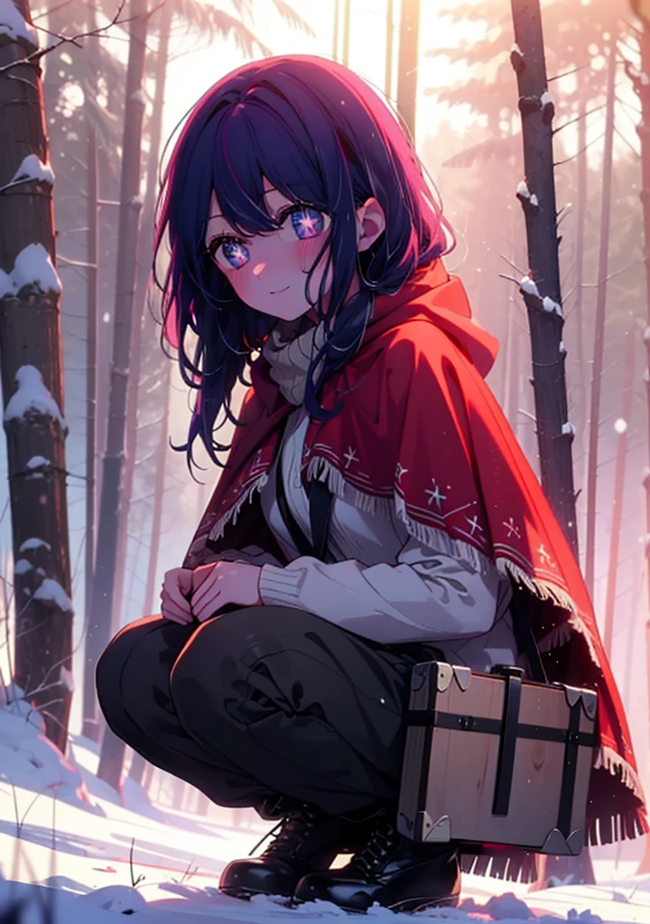 aihoshino, Ai Hoshino, Long Hair, bangs, (Purple eyes:1.1), Purple Hair, (Symbol-shaped pupil:1.5), smile,,smile,blush,white breath,
Open your mouth,snow,Ground bonfire, Outdoor, boots, snowing, From the side, wood, suitcase, Cape, Blurred, , forest, White handbag, nature,  Squat, Mouth closed, Cape, winter, Written boundary depth, Black shoes, red Cape break looking at viewer, Upper Body, whole body, break Outdoor, forest, nature, break (masterpiece:1.2), Highest quality, High resolution, unity 8k wallpaper, (shape:0.8), (Beautiful and beautiful eyes:1.6), Highly detailed face, Perfect lighting, Extremely detailed CG, (Perfect hands, Perfect Anatomy),