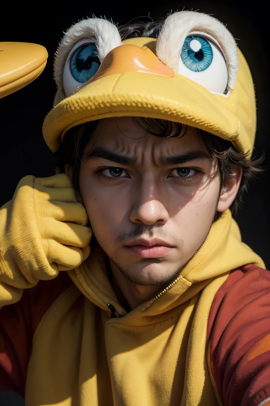 duckDonald with his hand on his chin mocking and an angry face looking at the camera