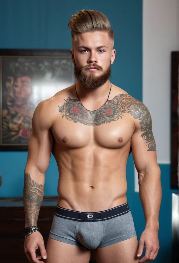 A handsome young muscular tattooed bearded 18 years old scandinavian arrogant jock, modern haircut, handsome face, well trimmed short beard, wearing very tight boxers barely containig his big erected bulge, shirtless, showing of their chest, tattooed arms, big defined biceps, muscular chest, thick muscular thighs, he is Standing in the room very confidently. Ultra quality, ultra detailed, 32k resolution, masterpiece, flawless, lifelike, photorealistic, random face expression, rich color, beautiful face, ultra detailed face, dim lighting, deep colors