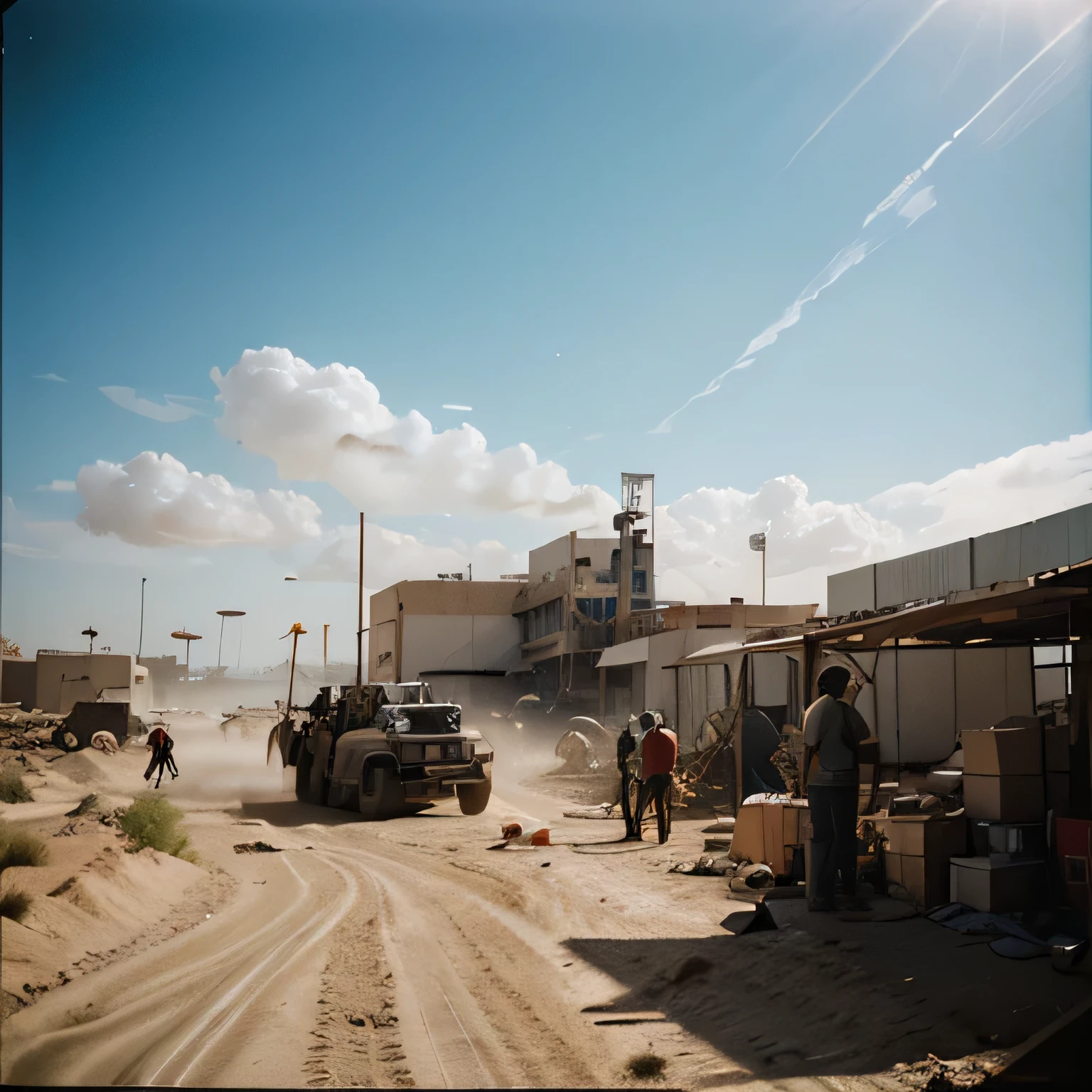 cinematic photo analog film photo scifi, big warehouse, raw, summer hot, strormy clouds, cinematic, mist, volumetric lights shiny, dusty sand new, dynamic view, construction site, detailed, rocks, road desert
 (crowd of people:1.1), (big workers behind set:1.2) . faded film, desaturated, 35mm photo, grainy, vignette, vintage, Kodachrome, Lomography, stained, highly detailed, found footage . 35mm photograph, film, bokeh, professional, 4k, highly detailed